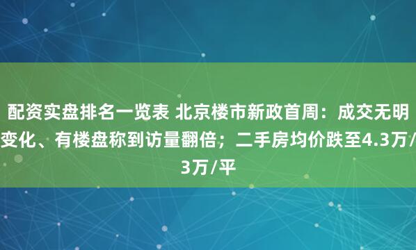 配资实盘排名一览表 北京楼市新政首周：成交无明显变化、有楼盘称到访量翻倍；二手房均价跌至4.3万/平