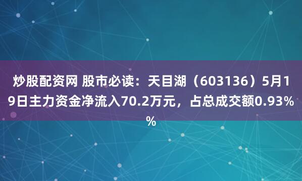 炒股配资网 股市必读：天目湖（603136）5月19日主力资金净流入70.2万元，占总成交额0.93%